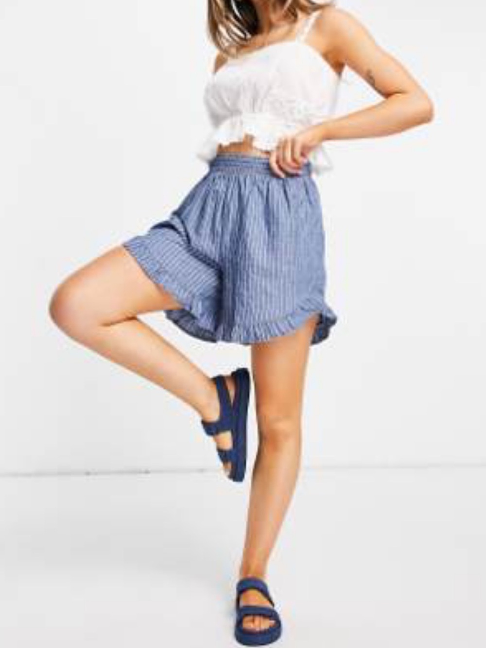 Ruffle Hem Pinstripe Shorts